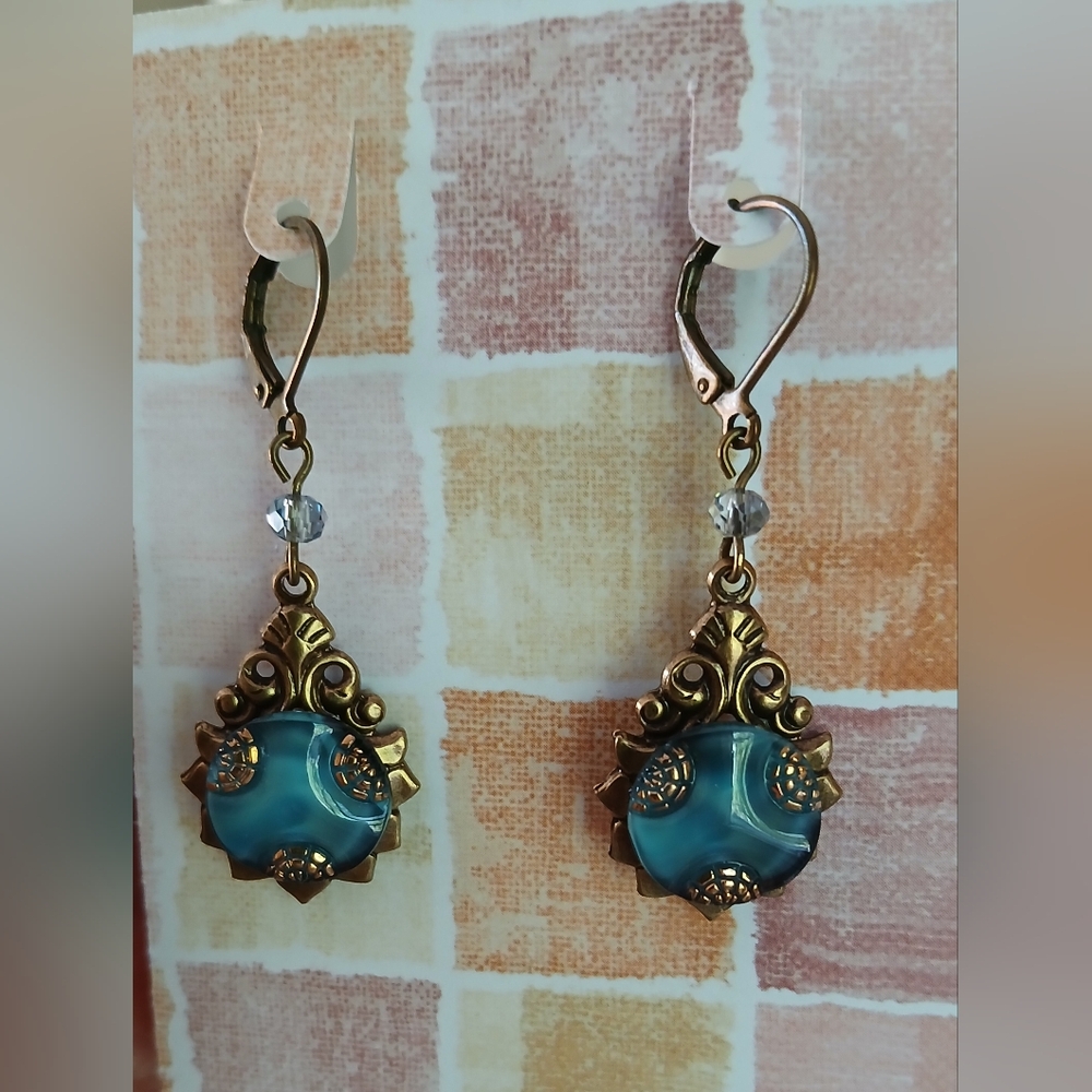 Antique Glass Button Earrings, Oxidized Brass Blue Glass, Victorian Boho Western